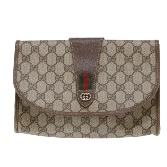 GUCCI GG Canvas Web Sherry Line Clutch Bag PVC Leather Beige Red Auth ep1335 - Picture 13 of 16